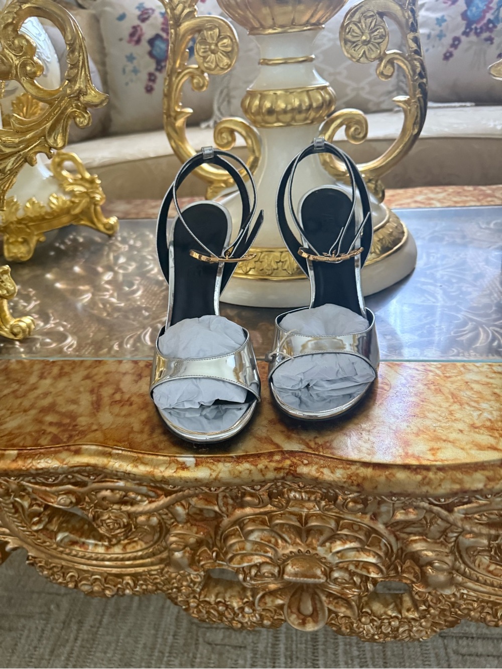 Metallic Silver High Heel Slingback Sandals Versace